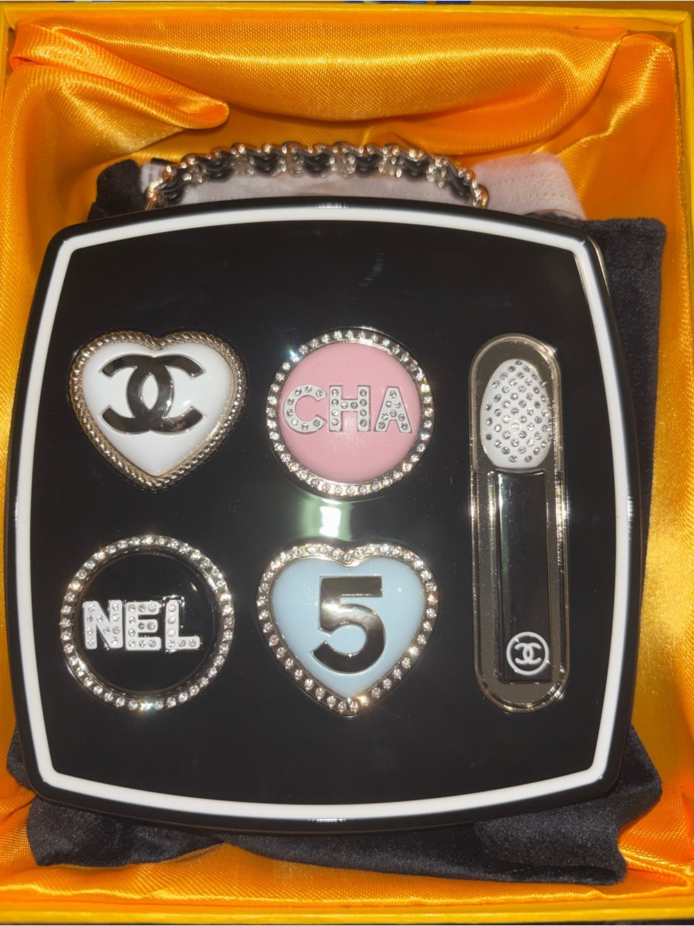 CHANEL Black Enamel Golf Marker Set with Pink, Light Blue & White Accents